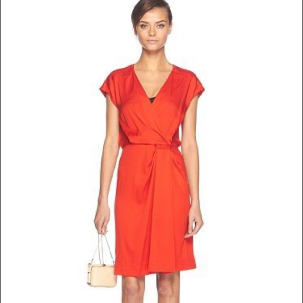DvF red silk surplice front Akari dress